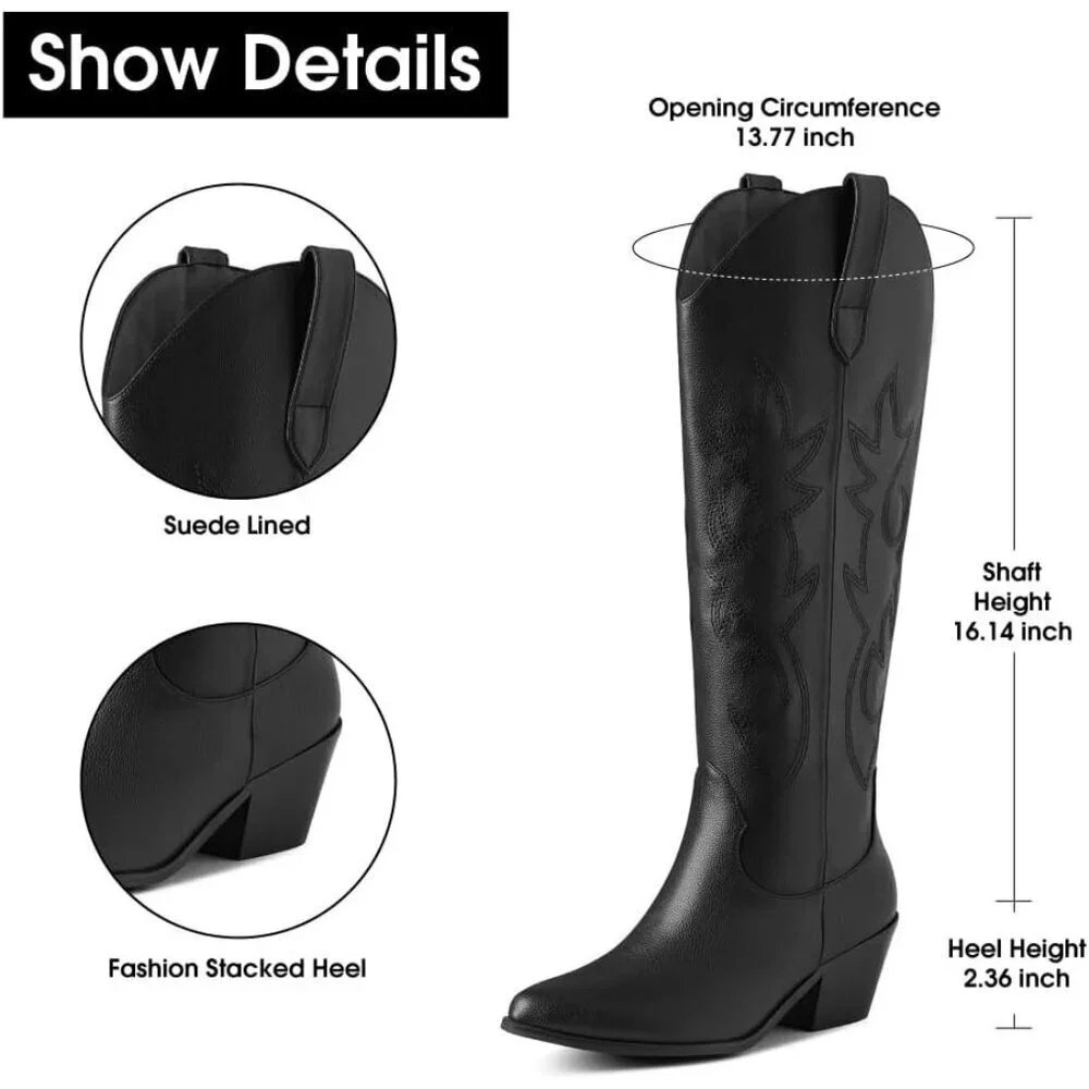 Women Black Polyurethane Embroidered Chunky Stacked Heel Knee High Western Boots